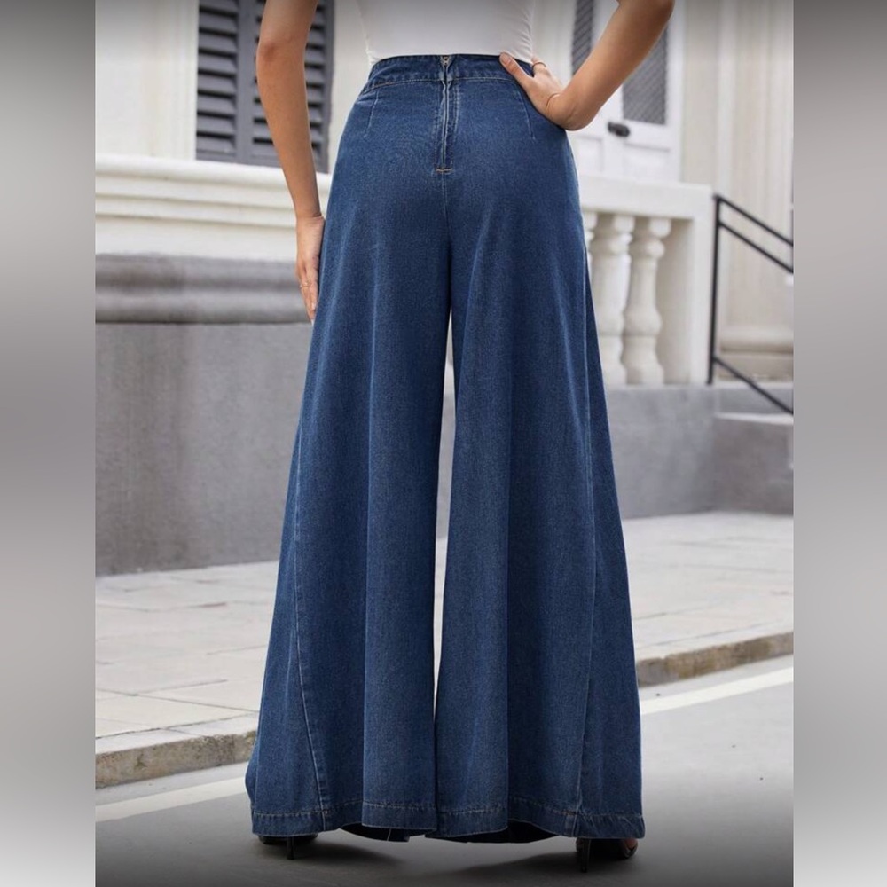 Wide Leg Dark Blue Jeans for Women - Denim Palazzo Pants - Picture 2 of 5